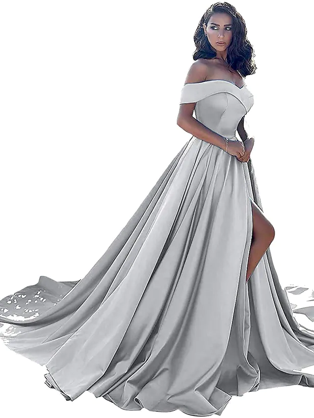 A-Line Minimalist Sexy Prom Formal Evening Dress Off Shoulder Sleeveless Chapel Train Satin with Split Front