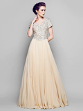 A-Line Mother of the Bride Dress Sparkle & Shine Bateau Neck Floor Length Chiffon Tulle Sequined Short Sleeve with Sequin