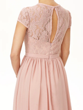 A-Line Jewel Neck Floor Length Chiffon  Corded Lace Bridesmaid Dress with Sash  Ribbon  Bow(s)  Pleats