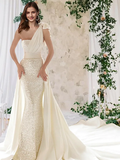 Wedding Dresses One Shoulder Court Train Detachable Satin Sequined Sleeveless Country Romantic Sparkle & Shine with Sequin