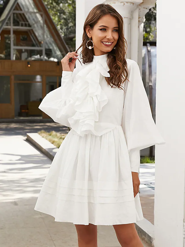 A-Line Elegant Vintage Party Wear Wedding Guest Valentine's Day Dress High Neck Long Sleeve Short  Mini Cotton with Ruffles