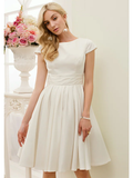 A-Line Wedding Dresses Jewel Neck Knee Length Satin Short Sleeve Formal Simple Casual Little White Dress with Sash  Ribbon