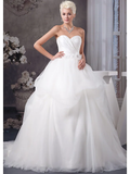 A-Line Wedding Dresses Sweetheart Neckline Court Train Organza Satin Strapless with Pick Up Skirt Ruched Beading