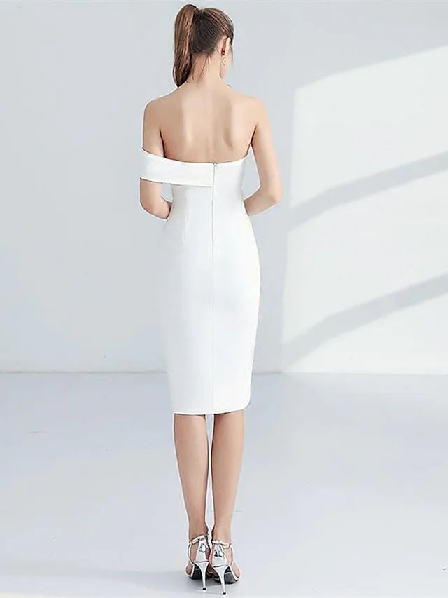 Minimalist Elegant Engagement Cocktail Party Dress Strapless Sleeveless Knee Length Stretch Fabric with Sleek Split