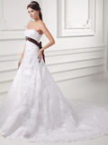 A-Line Wedding Dresses Strapless Chapel Train Lace Satin Tulle Strapless with Sashes  Ribbons Bow(s) Beading