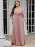 A-Line V Neck Floor Length Satin  Stretch Satin Bridesmaid Dress with Ruching