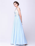 Ball Gown Open Back Dress Holiday Floor Length Sleeveless Plunging Neck Chiffon with Beading Appliques