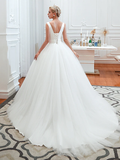 Ball Gown Wedding Dresses V Neck Court Train Tulle Regular Straps Simple Glamorous Backless with Ruched