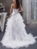 A-Line Wedding Dresses Strapless Court Train Organza Satin Strapless with Beading Cascading Ruffles
