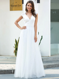 A-Line Wedding Dresses V Neck Floor Length Lace Tulle Short Sleeve Simple Casual with Lace