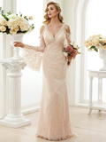 Wedding Dresses Plunging Neck Sheer Lace Long Sleeve Wedding Dress in Color Open Back Floral Lace with Bow(s) Crystals