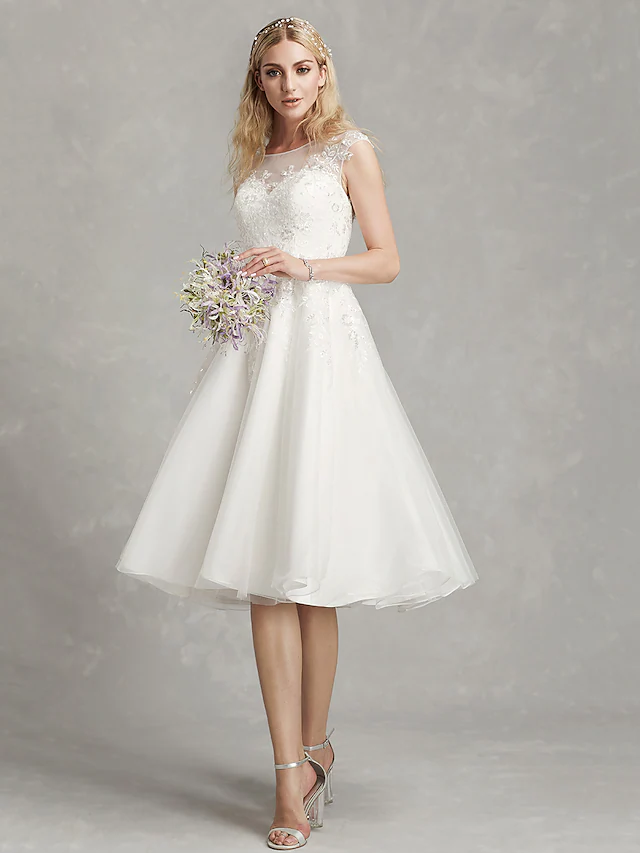 A-Line Wedding Dresses Jewel Neck Tea Length Lace Tulle Cap Sleeve Beautiful Back with Appliques