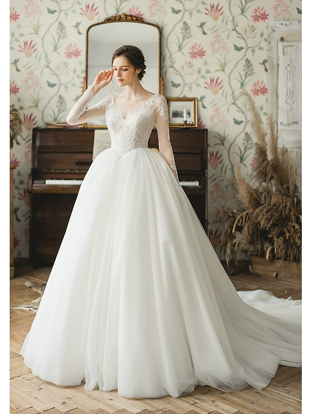 Ball Gown Wedding Dresses V Neck Chapel Train Tulle Long Sleeve Formal with Pleats Appliques