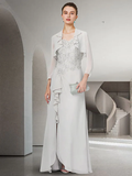 Mother of the Bride Dress Elegant Jewel Neck Floor Length Chiffon Lace Length Sleeve with Ruffles Appliques
