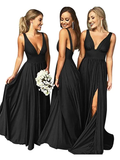 A-Line Plunging Neck Floor Length Chiffon Bridesmaid Dress with Pleats Split Front