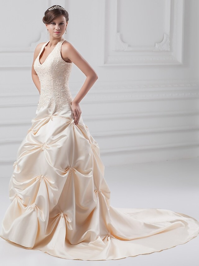 A-Line Wedding Dresses Halter Neck Chapel Train Lace Satin Regular Straps with Pick Up Skirt Beading Appliques