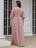 A-Line V Neck Floor Length Satin  Stretch Satin Bridesmaid Dress with Ruching