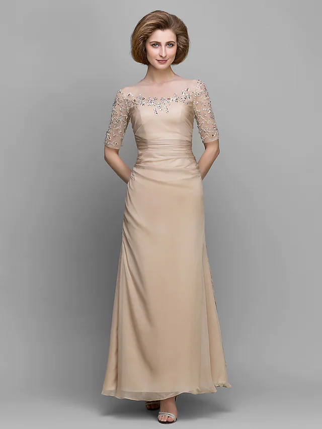 A-Line Mother of the Bride Dress Vintage Inspired Jewel Neck Ankle Length Chiffon Half Sleeve with Ruched Beading