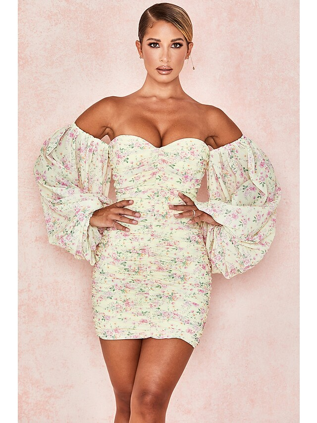 Sexy Floral Party Wear Cocktail Party Dress Off Shoulder Long Sleeve Short  Mini Spandex with Ruched Pattern  Print