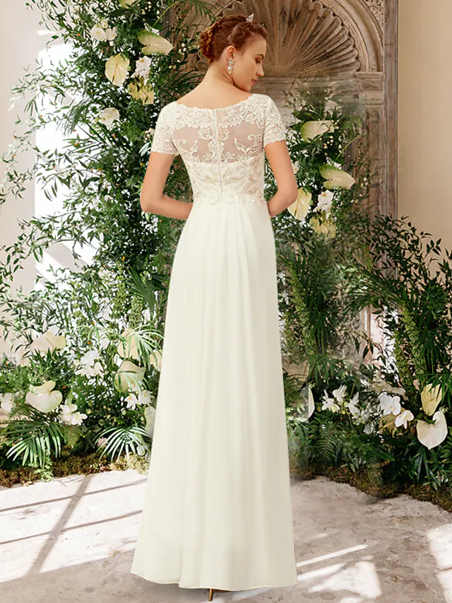 A-Line Wedding Dresses V Neck Floor Length Chiffon Lace Short Sleeve Romantic Simple with Pleats Appliques