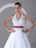 A-Line Wedding Dresses Halter Neck Chapel Train Satin Regular Straps with Sashes  Ribbons Beading Embroidery