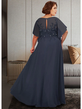 A-Line Mother of the Bride Dress Plus Size Elegant Jewel Neck Floor Length Chiffon Lace Half Sleeve with Appliques