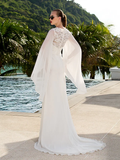Wedding Dresses Jewel NeckLace Georgette Long Sleeve Beach Illusion Detail Backless with Lace