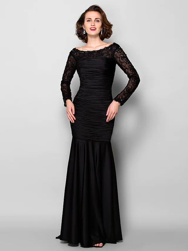 Mother of the Bride Dress Beautiful Back Jewel Neck Lace Jersey Long Sleeve with Lace Ruched Beading