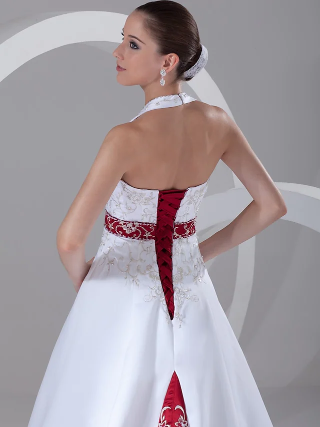 A-Line Wedding Dresses Halter Neck Chapel Train Satin Regular Straps with Sashes  Ribbons Beading Embroidery