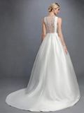 Ball Gown Wedding Dresses Bateau Neck Court Train Lace Satin Regular Straps Formal Backless with Lace Sash Ribbon Beading