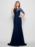 A-Line Mother of the Bride Dress See Through Jewel Neck  Chiffon Tulle Half Sleeve with Ruched Crystals Beading