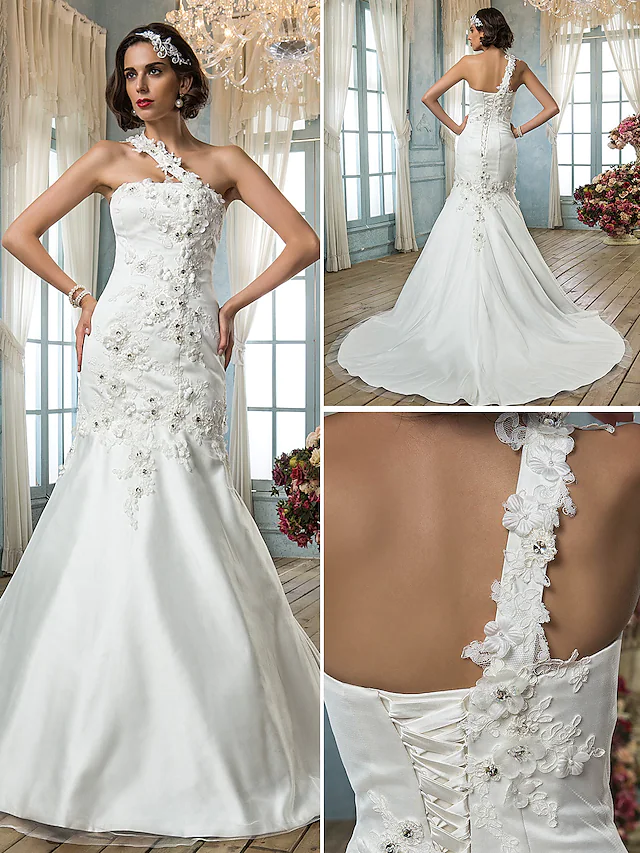 Wedding Dresses One Shoulder Court Train Tulle Sleeveless with Beading Appliques Flower