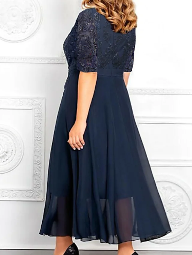 A-Line Mother of the Bride Dress Plus Size Elegant V Neck Ankle Length ...