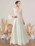 A-Line Wedding Dresses V Neck Floor Length Chiffon Lace Long Sleeve Romantic with Appliques