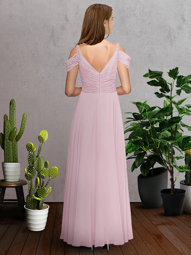 A-Line V Neck  Spaghetti Strap Floor Length Chiffon Bridesmaid Dress with Pleats  Ruching