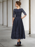 A-Line Mother of the Bride Dress Elegant Jewel Neck Ankle Length Lace Tulle Half Sleeve with Appliques