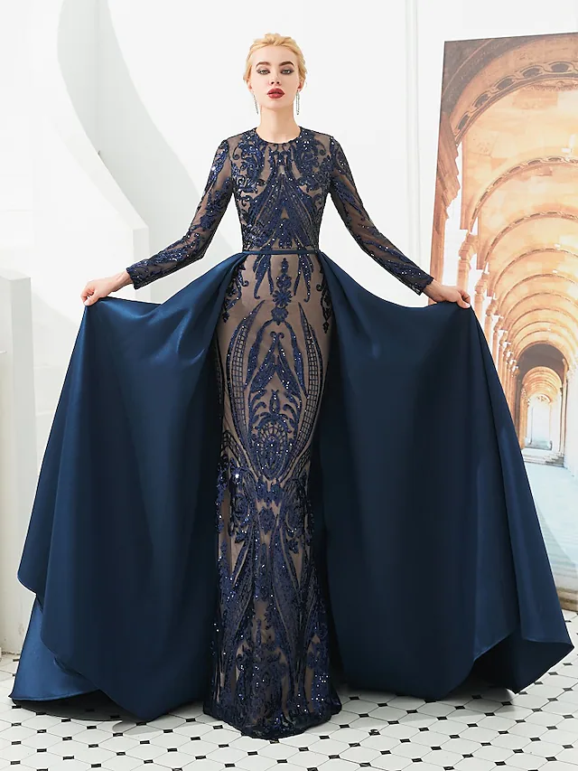 Ball Gown Luxurious Sparkle Prom Formal Evening Dress Jewel Neck Long Sleeve Detachable Sequined with Overskirt Pattern  Print Appliques