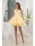 A-Line Elegant Party Wear Wedding Guest Cocktail Party Dress Halter Neck Sleeveless Short  Mini Chiffon with Beading Tier