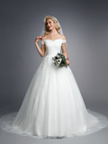 Ball Gown Wedding Dresses Off Shoulder Court Train Lace Tulle Short Sleeve Romantic Sparkle & Shine with Beading Appliques