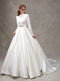 Ball Gown Wedding Dresses High Neck  Satin Long Sleeve Glamorous Sparkle & Shine with Bowknot Sash  Ribbon Beading