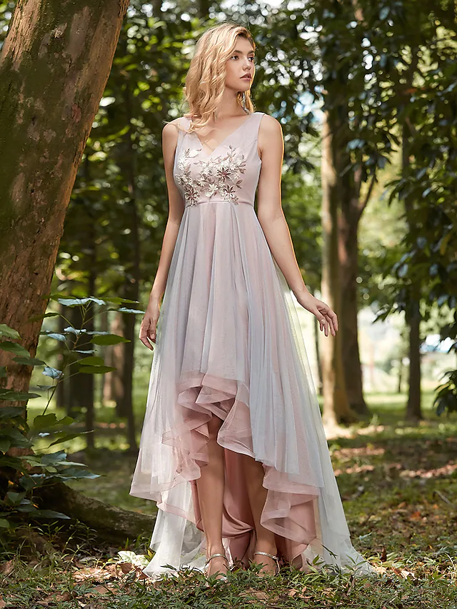 V Neck Asymmetrical Tulle Bridesmaid Dress with Appliques