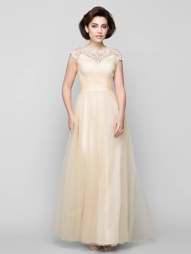 A-Line Mother of the Bride Dress See Through Jewel Neck Floor Length Tulle Sleeveless with Criss Cross Beading
