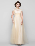 A-Line Mother of the Bride Dress See Through Jewel Neck Floor Length Tulle Sleeveless with Criss Cross Beading