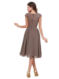 A-Line Mother of the Bride Dress Sweet Jewel Neck Knee Length Chiffon Short Sleeve with Buttons
