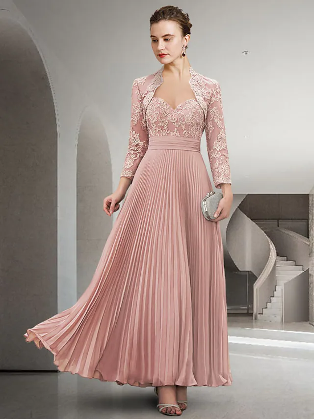 Two Piece A-Line Mother of the Bride Dress Elegant Sweetheart Neckline Floor Length Chiffon Lace Long Sleeve with Pleats Appliques