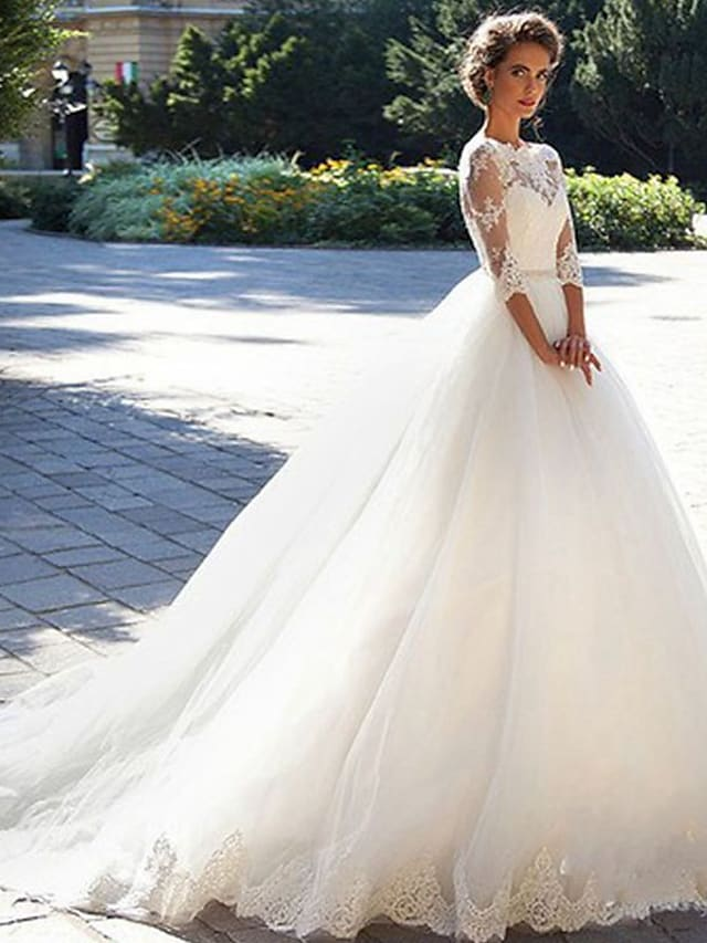 A-Line Wedding Dresses Off Shoulder Court Train Lace Tulle  Length Sleeve Formal Sexy Illusion Sleeve with Appliques