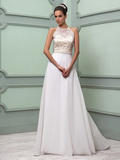 Wedding Dresses Jewel Neck Floor Length Chiffon Lace Regular Straps See-Through with Sash  Ribbon Beading Split