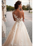 A-Line Wedding Dresses Jewel Neck Court Train Lace Satin Tulle Regular Straps Country Illusion Detail Backless with Appliques