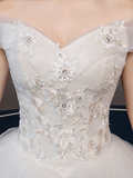 Ball Gown Wedding Dresses Off Shoulder Chapel Train Organza Cap Sleeve Formal Elegant with Crystals Appliques