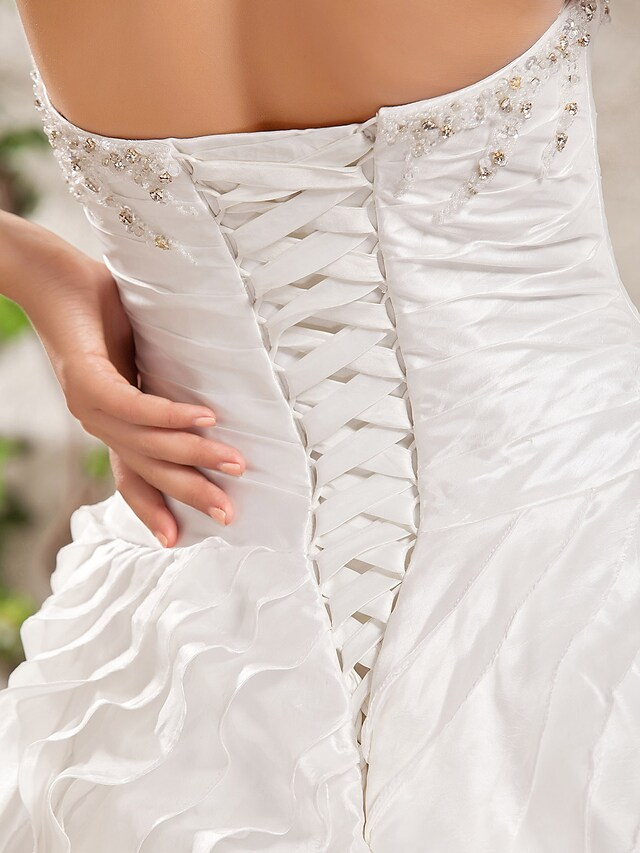 Ball Gown Wedding Dresses Strapless Floor Length Taffeta Sleeveless with Beading Cascading Ruffle Criss-Cross